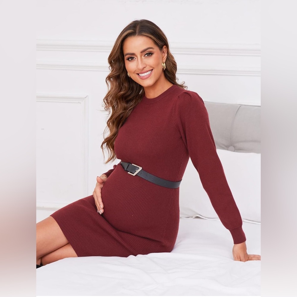 Ecavus5 Maternity Sweater Long Bishop Sleeves Knit Pullover Bodycon Mini Dresses